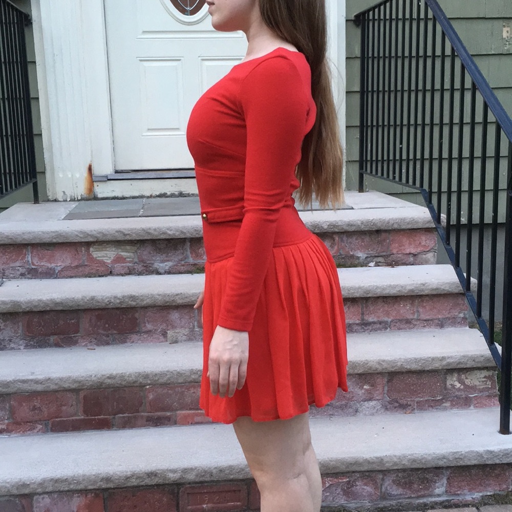 ASOS red drop waist pleated skirt dress - Picture 2 of 5